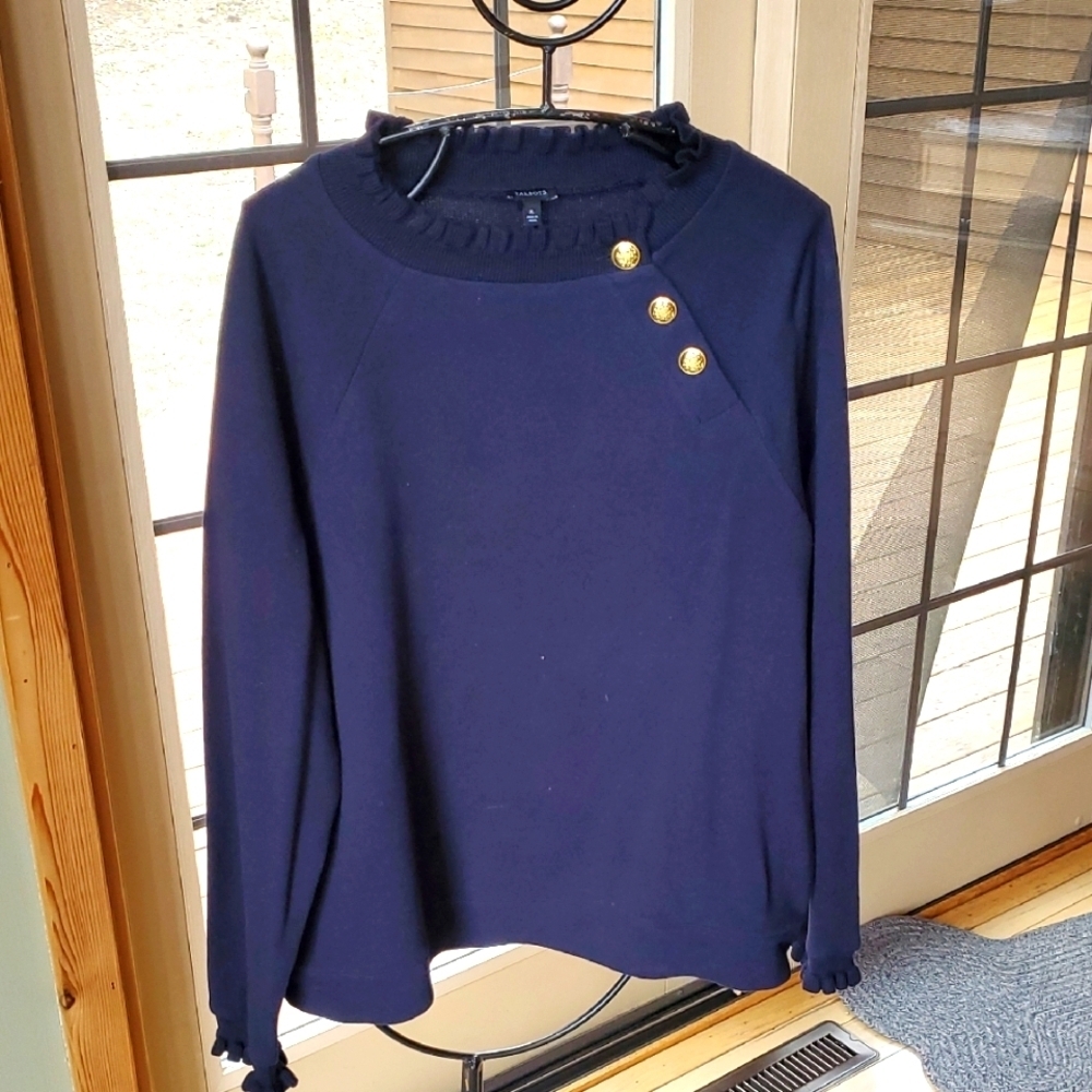 Talbots Navy Blue Women's Ruffled Pullover Sz XL Sweater w Gold Button Accents